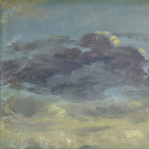 A painting of mauve clouds in a blue sky. The bottom of the painting is light yellow, perhaps it is sunrise or sunset.