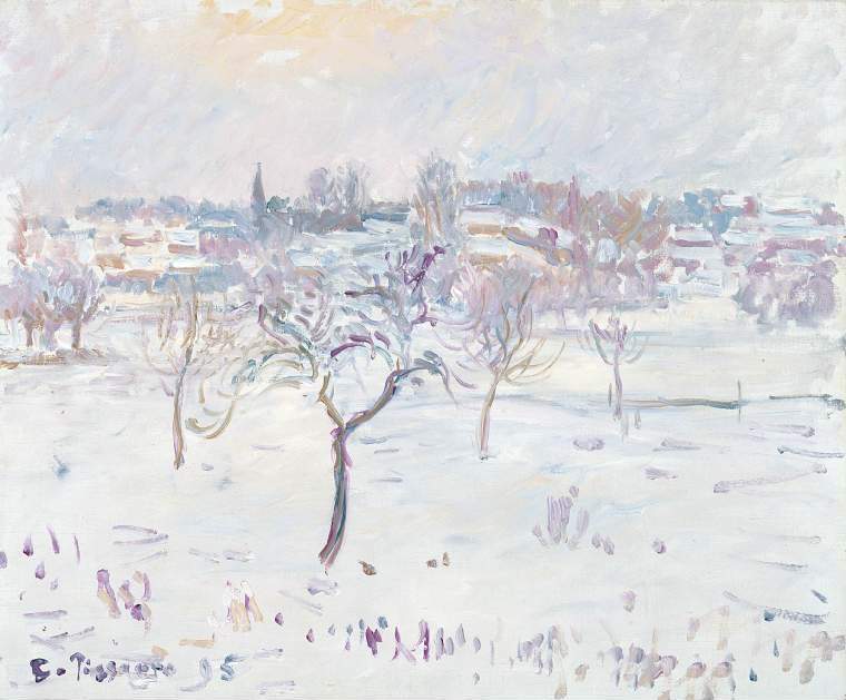 A painting of a snowy scene of fields and leafless trees in the foreground, and with a village and a church in the background.
