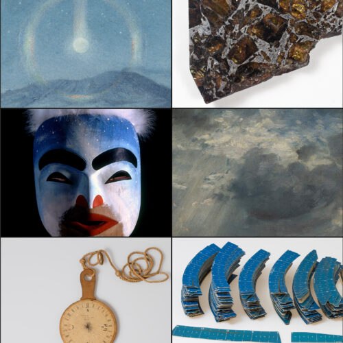 A collage of six images, each showing objects or paintings all relating to skies in some way. One is of a painted mask, one is of a wooden compass on string, one is a painting of clouds.