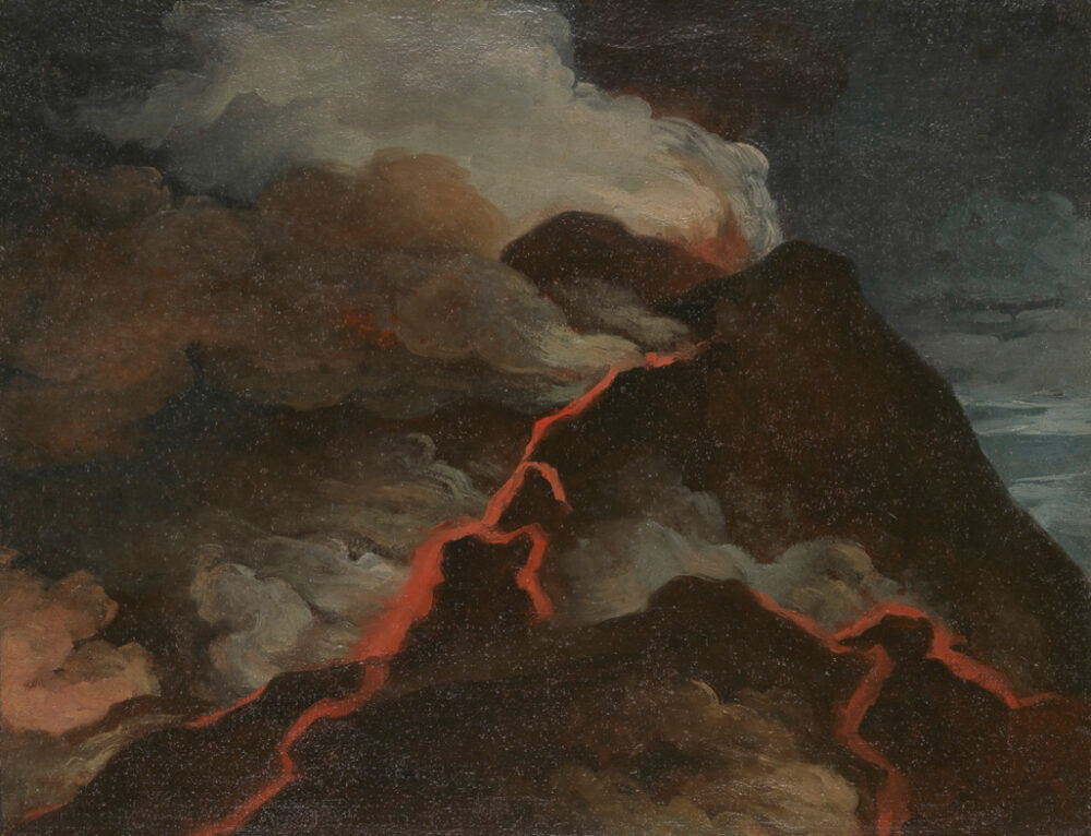An oil painting of a volcano erupting. the volcano is painted in dark browns and blacks, with red lava flowing down the sides and smoke billowing out the volcano and bowing away to the left.