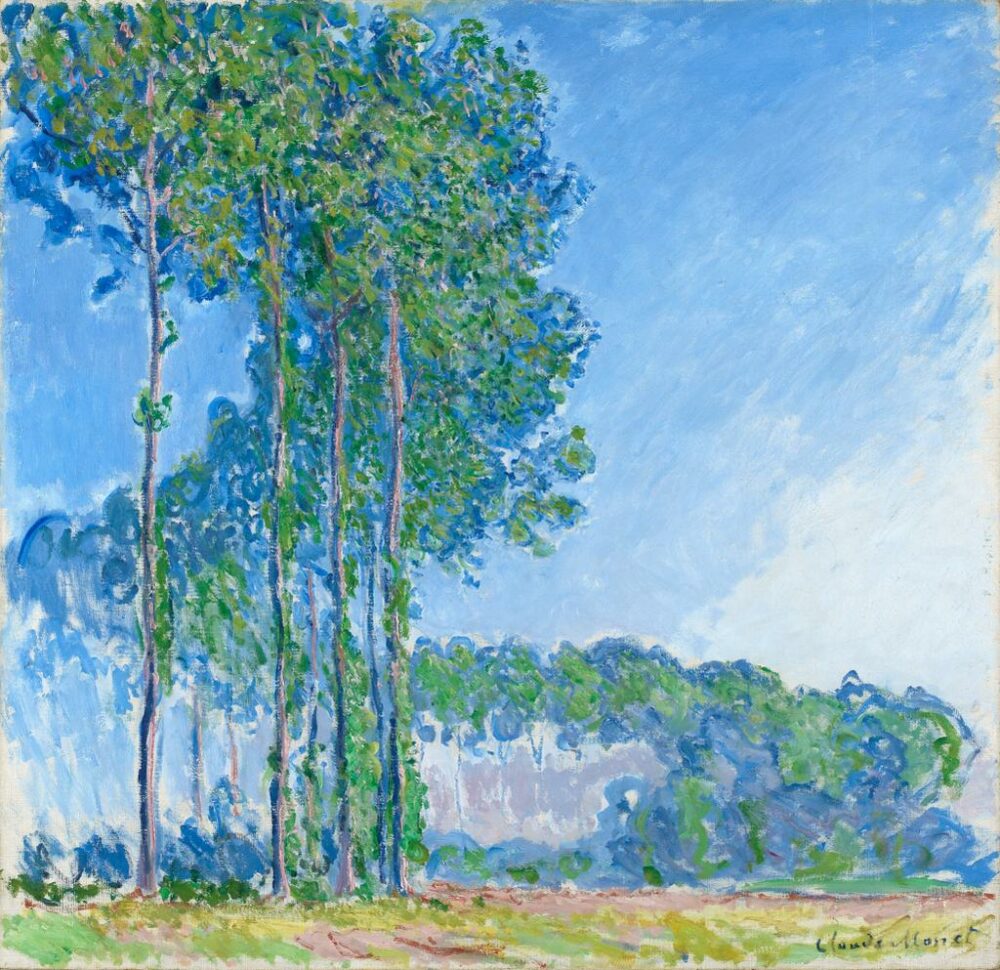A painitng of a row of poplar trees, waving to and fro from the foreground to the background. They are surrounded by a clear blue sky. There is a thin line of green grass at the bottom of the painting.