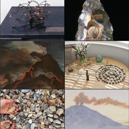 A collage of six images. Two are paintings of volcanoes, one is of some gravel, one is of an arrangement of pebbles, one is a flint hand-axe and the last one is a wooden model with squiggly metal lines.