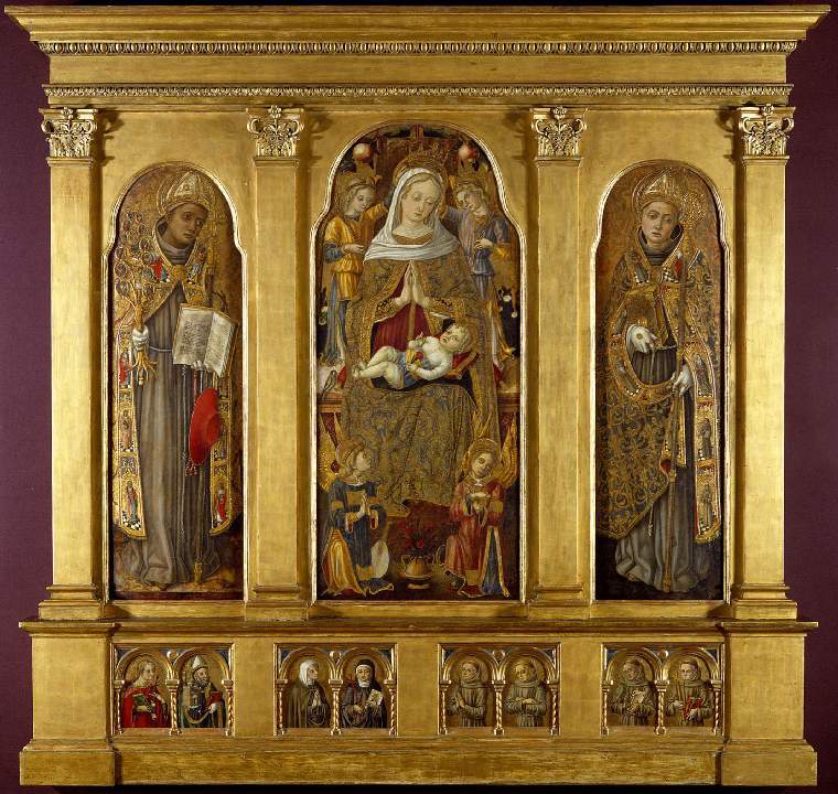 A photo of three large paintings of people, with four mini paintings underneath, each with two people, all set within a large gold frame that looks like a church alterpiece. The middle shows a woman, the Virgin Mary, holding a baby Christ They are surrounded by 4 smaller cherub figures. The other people are in fine gold decorated robes and are also Christian figures.