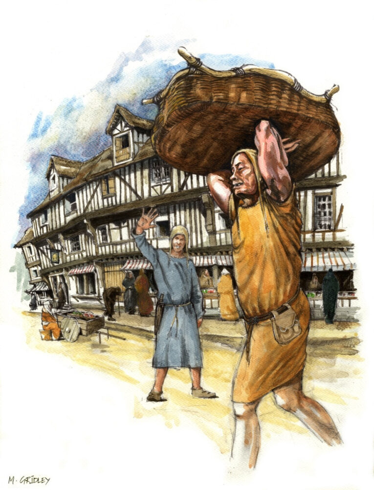 A drawing of a medieval man carrying a heavy basket above his head. A man behind him, in the street, is holding his hand up, maybe waving. They are in the street in front of a row of beams of houses.
